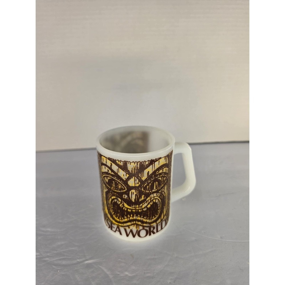Vintage SeaWorld Tiki Mug Federal Glass Milk Glass Brown Gold Coffee Cup USA - Picture 5 of 7